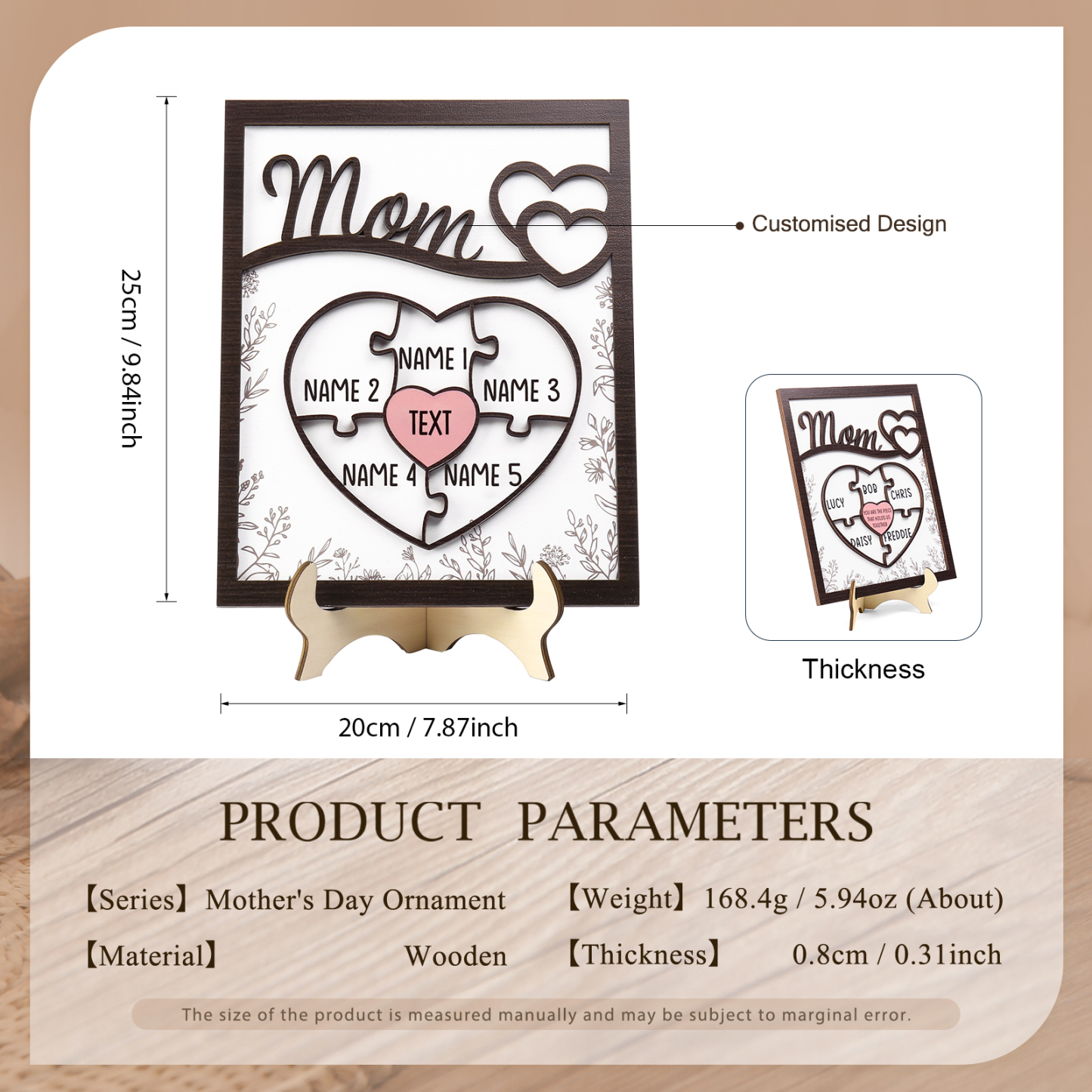 5 Names - Personalized Home Frame Wooden Decoration Customizable with 2 Texts, Love Pieces Wooden Board Painting for Mom