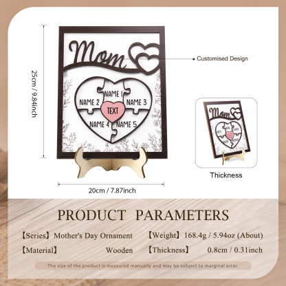 5 Names - Personalized Home Frame Wooden Decoration Customizable with 2 Texts, Love Pieces Wooden Board Painting for Mom