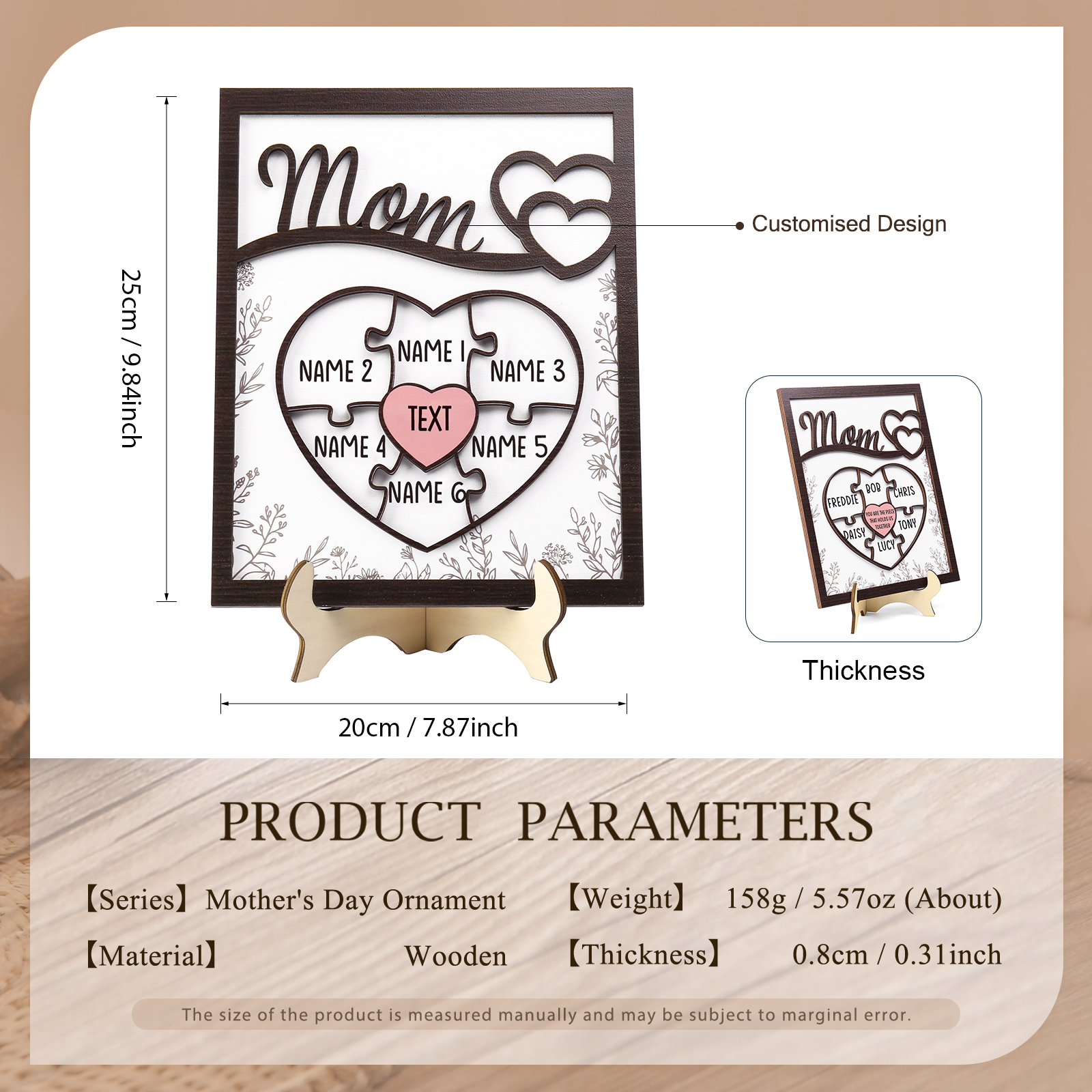 6 Names - Personalized Home Frame Wooden Decoration Customizable with 2 Texts, Love Pieces Wooden Board Painting for Mom