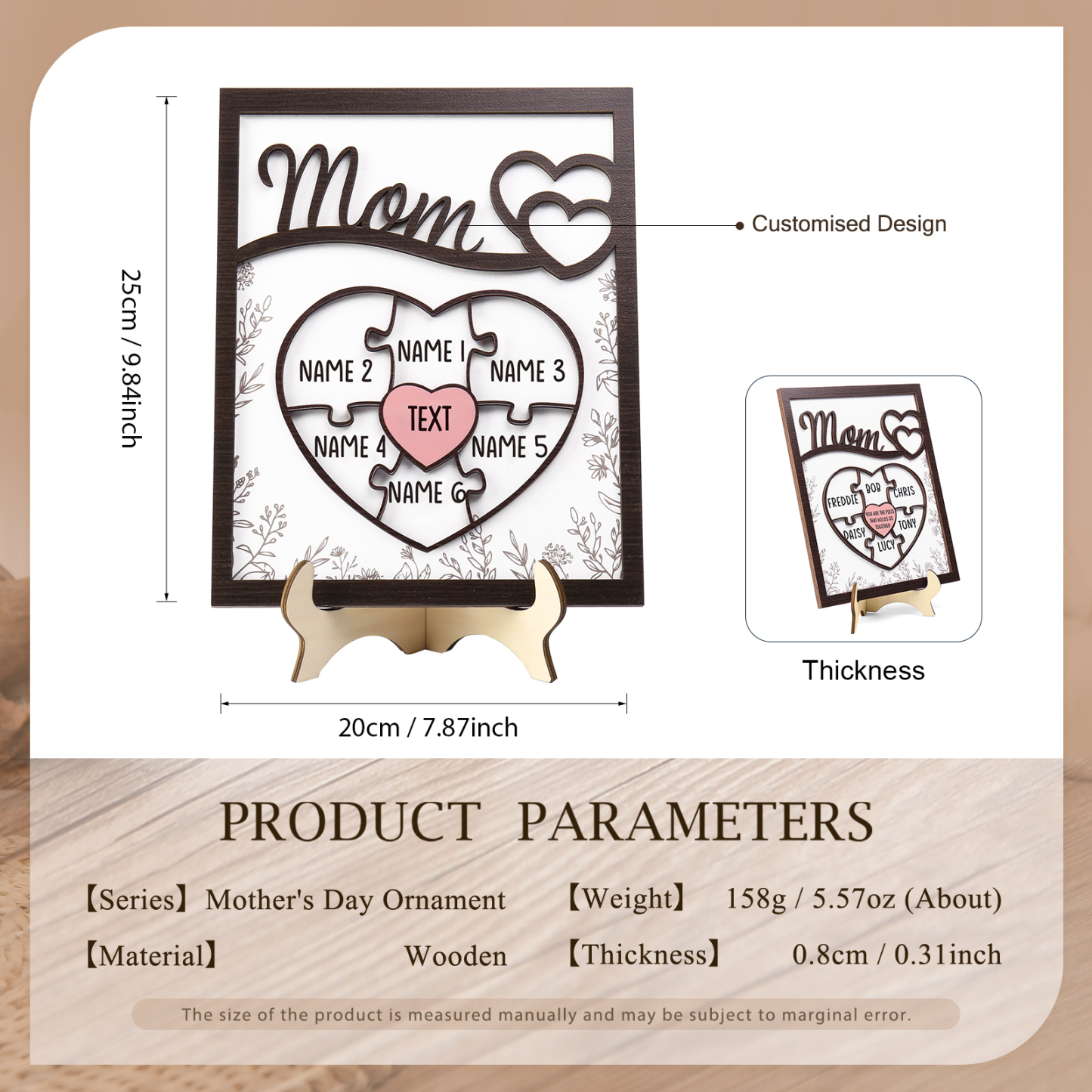 6 Names - Personalized Home Frame Wooden Decoration Customizable with 2 Texts, Love Pieces Wooden Board Painting for Mom