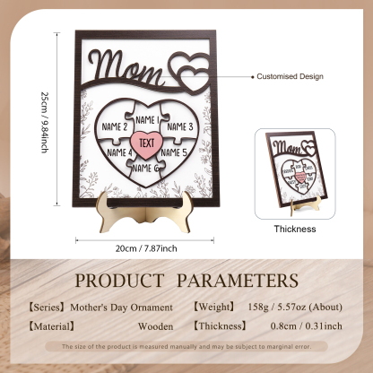 6 Names - Personalized Home Frame Wooden Decoration Customizable with 2 Texts, Love Pieces Wooden Board Painting for Mom
