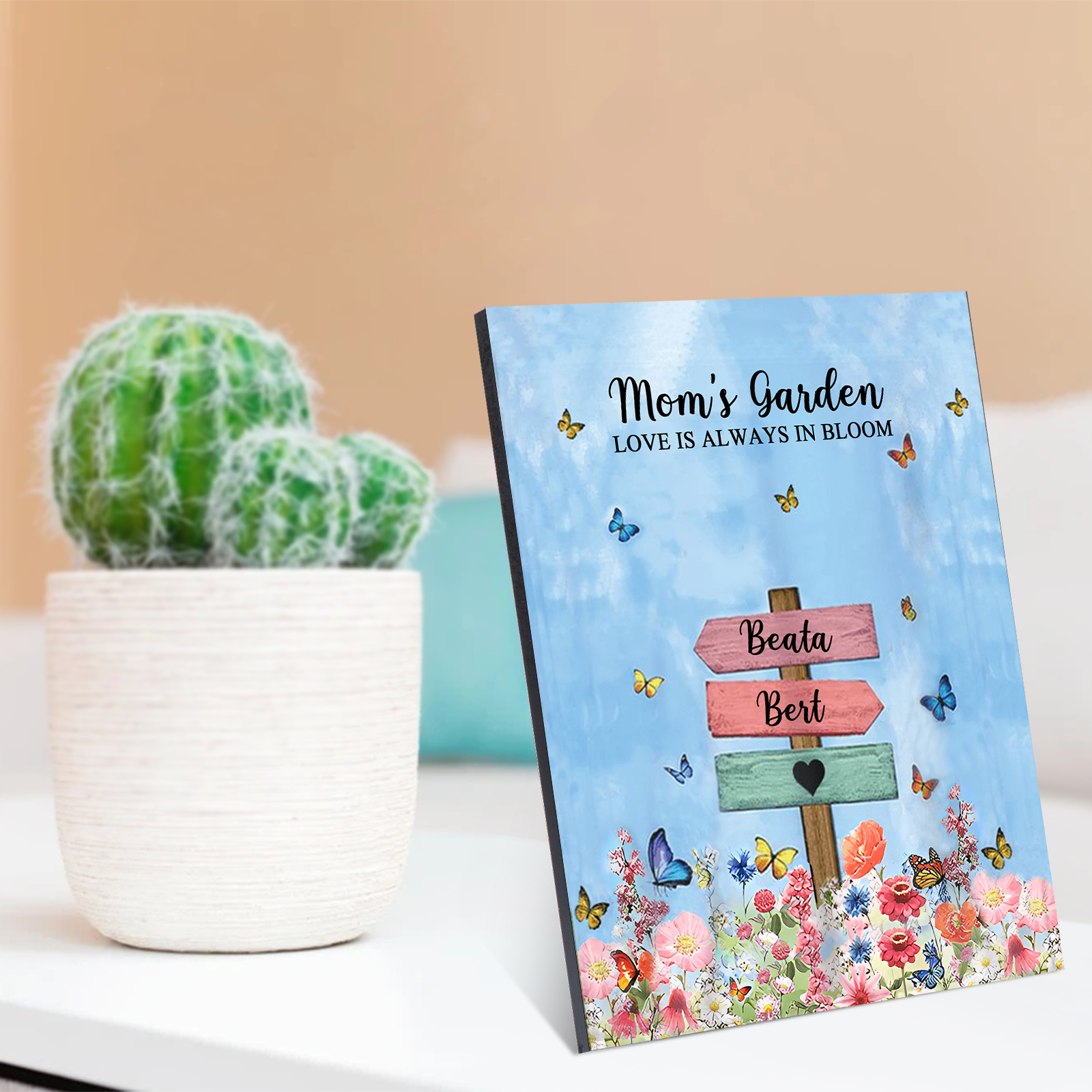 2 Names - Personalized Cute Elephant Style Home Frame Wooden Ornament with Customizable Text for Mom