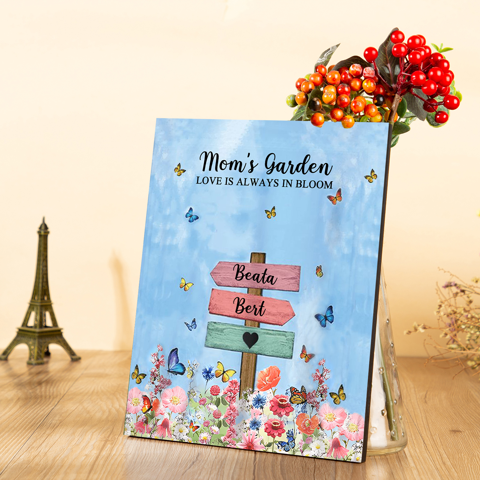 2 Names - Personalized Cute Elephant Style Home Frame Wooden Ornament with Customizable Text for Mom