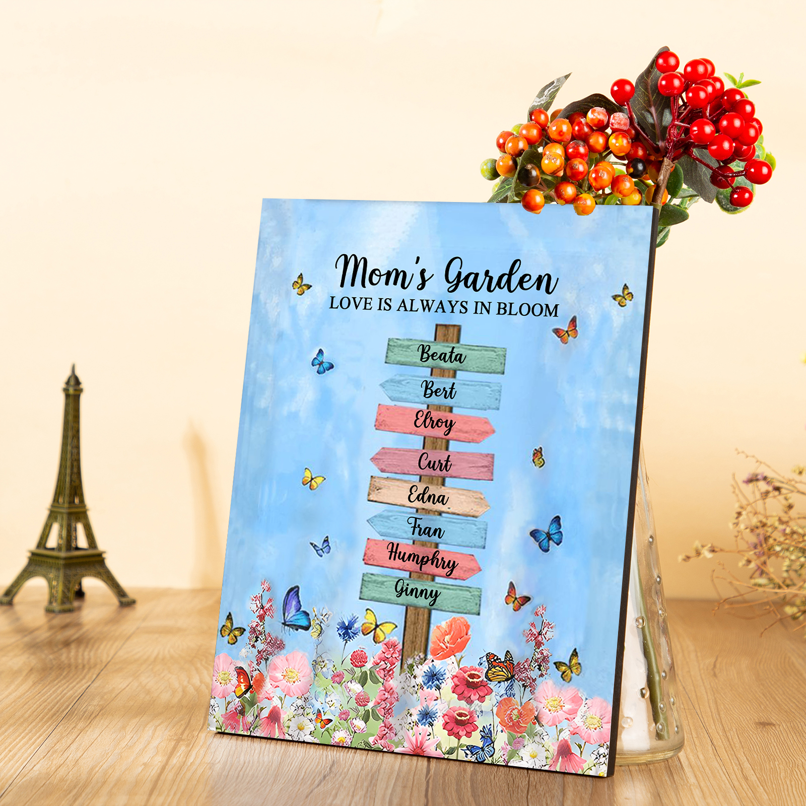 8 Names - Personalized Cute Elephant Style Home Frame Wooden Ornament with Customizable Text for Mom