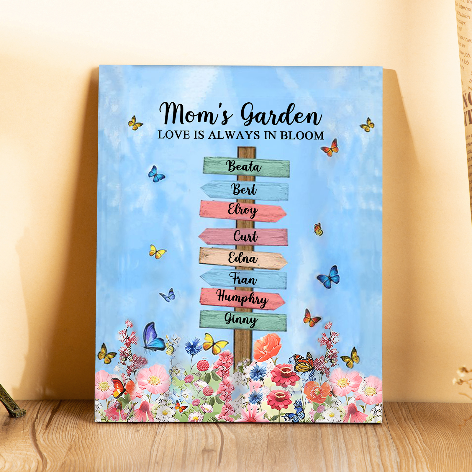 8 Names - Personalized Cute Elephant Style Home Frame Wooden Ornament with Customizable Text for Mom