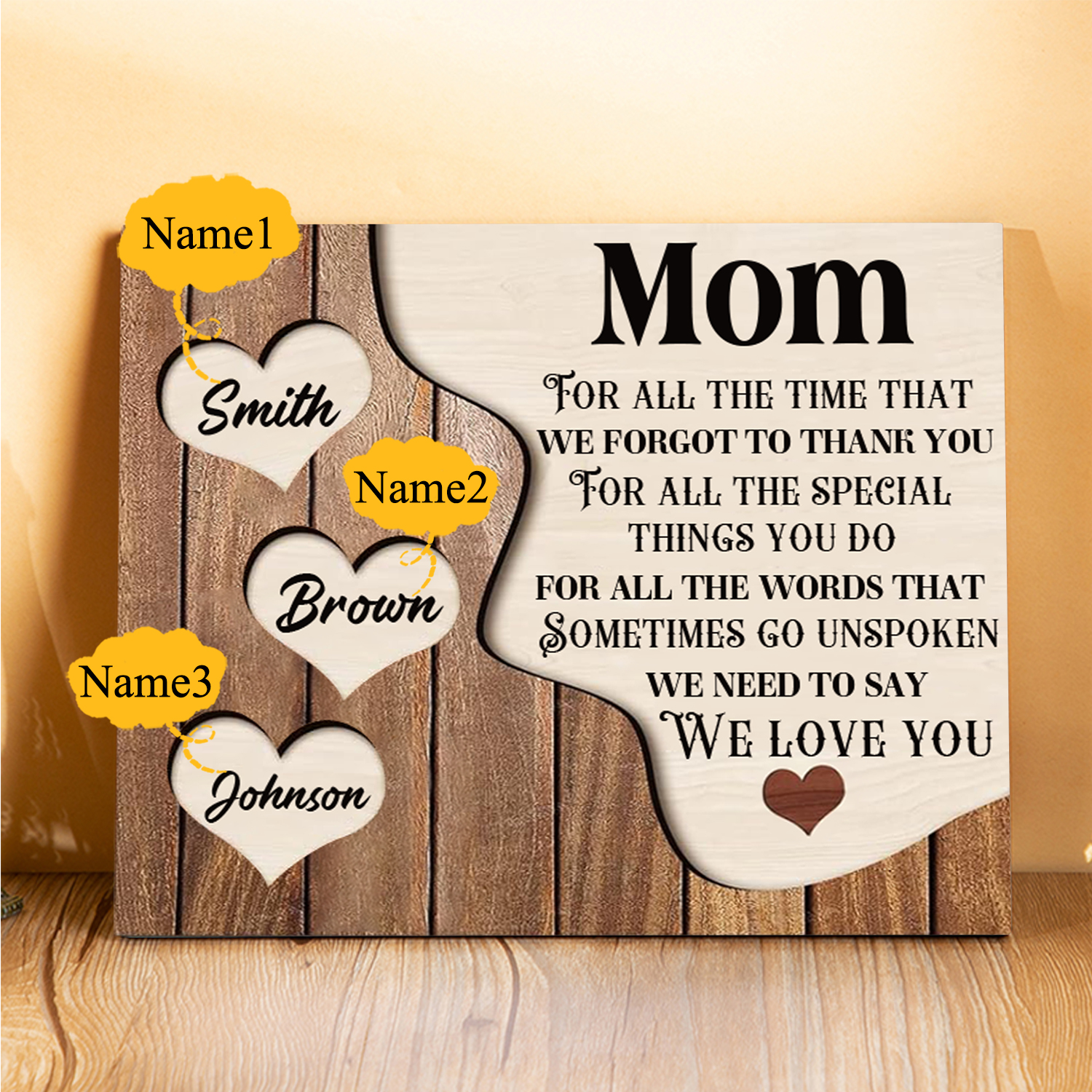 3 Names - Personalized Heart Vintage Wooden Wooden Painting, Home Frame Wooden Decor for Mom