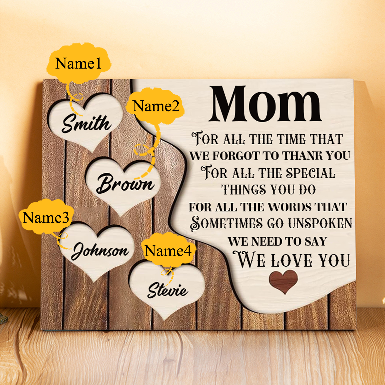 4 Names - Personalized Heart Vintage Wooden Wooden Painting, Home Frame Wooden Decor for Mom