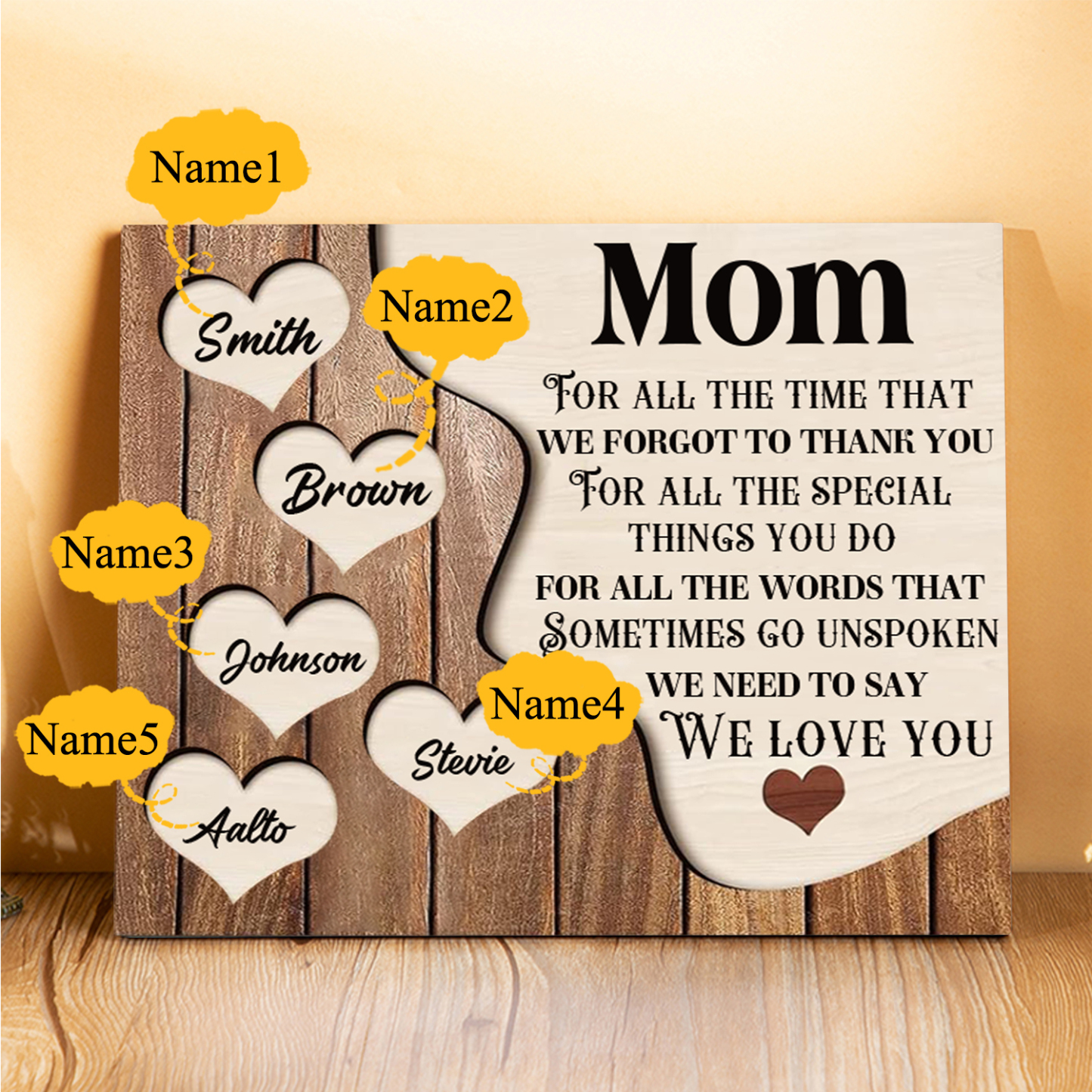 5 Names - Personalized Heart Vintage Wooden Wooden Painting, Home Frame Wooden Decor for Mom