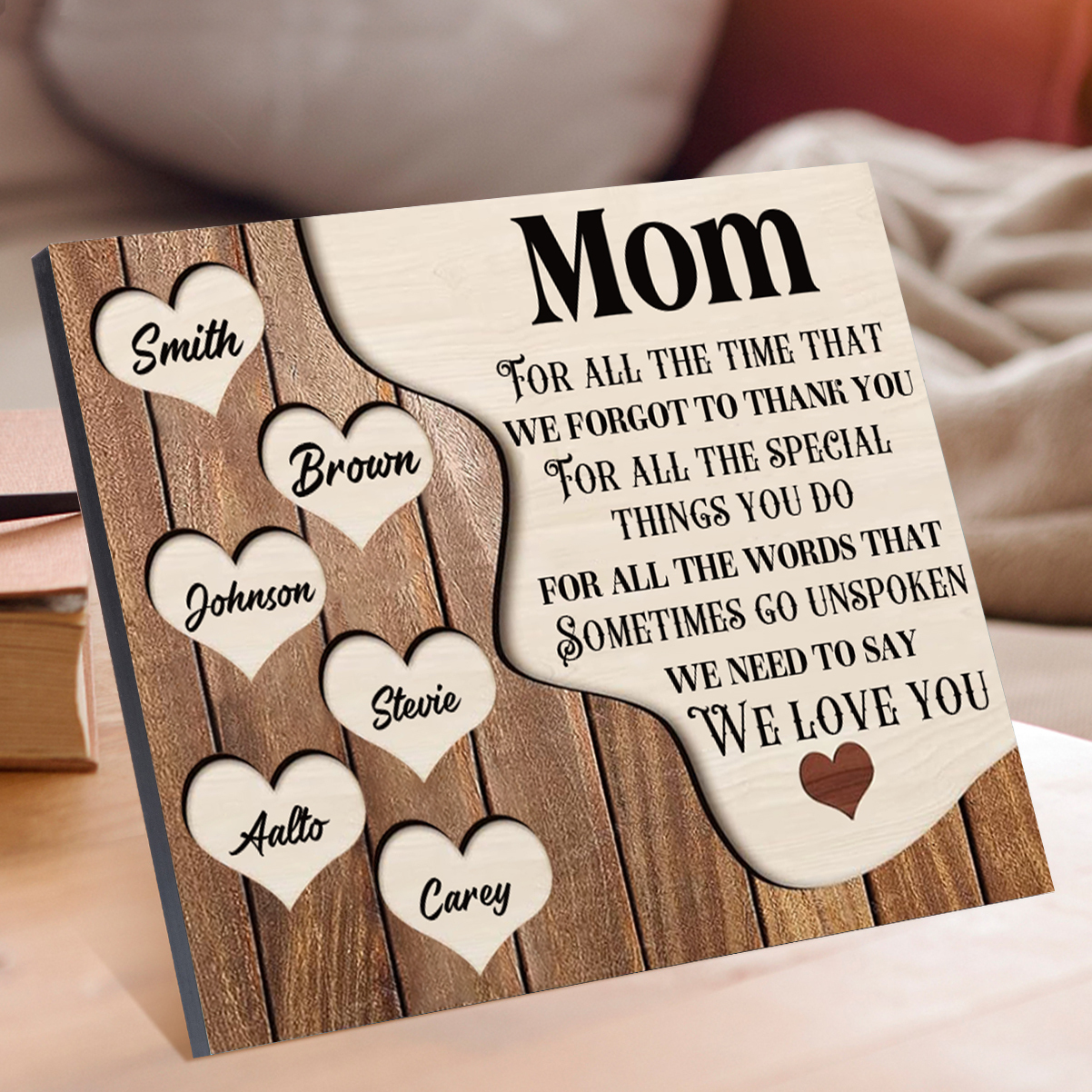 6 Names - Personalized Heart Vintage Wooden Wooden Painting, Home Frame Wooden Decor for Mom