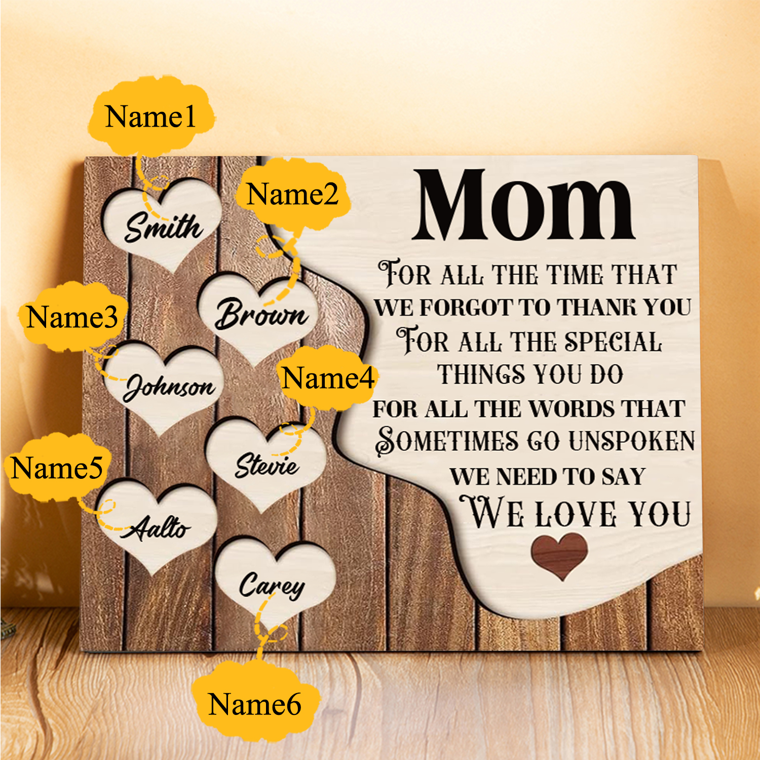 6 Names - Personalized Heart Vintage Wooden Wooden Painting, Home Frame Wooden Decor for Mom