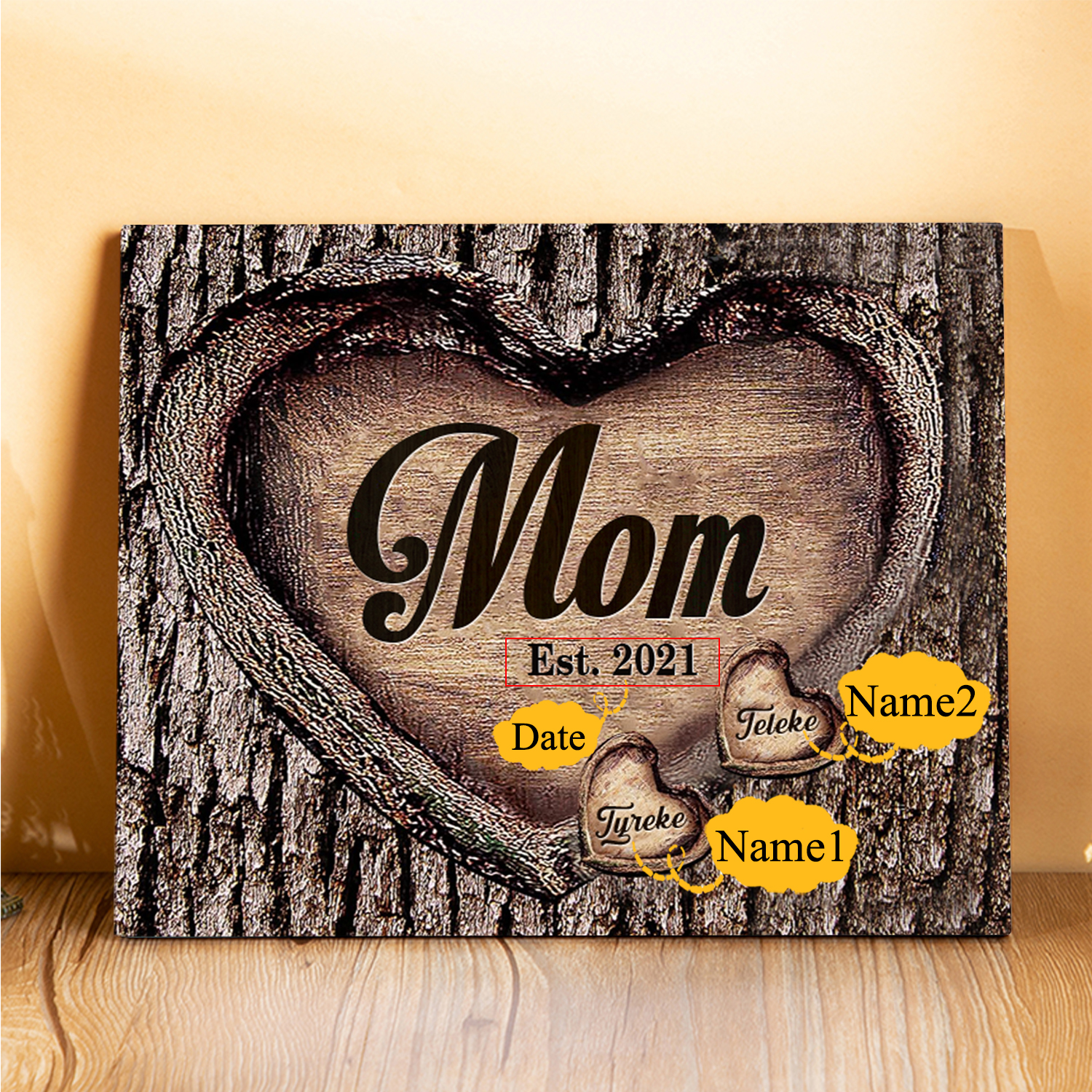 To Mom Heart Frame Personalized 2 Names And Date Wooden Ornament Home Decoration for Mom