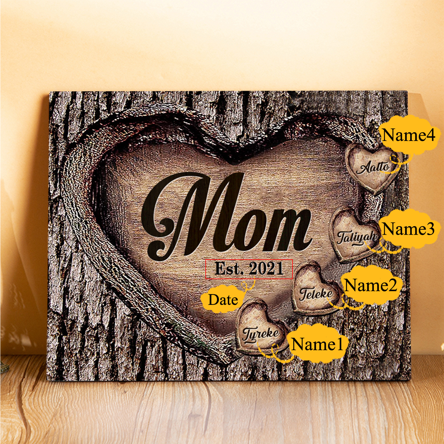 To Mom Heart Frame Personalized 4 Names And Date Wooden Ornament Home Decoration for Mom