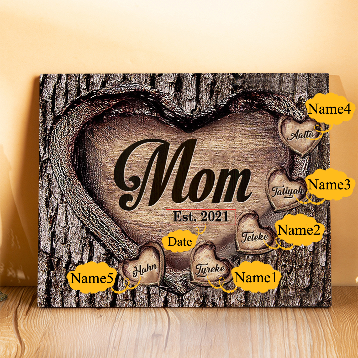 To Mom Heart Frame Personalized 5 Names And Date Wooden Ornament Home Decoration for Mom