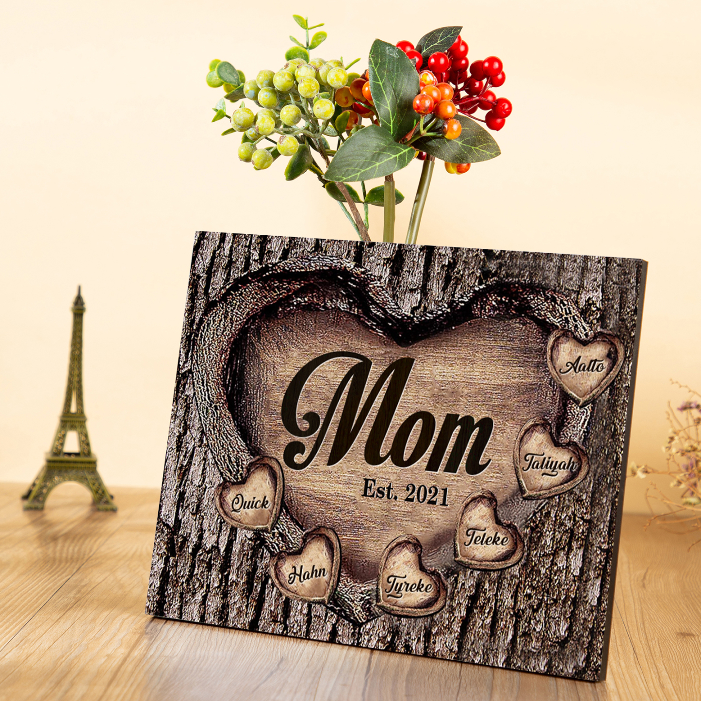 To Mom Heart Frame Personalized 6 Names And Date Wooden Ornament Home Decoration for Mom