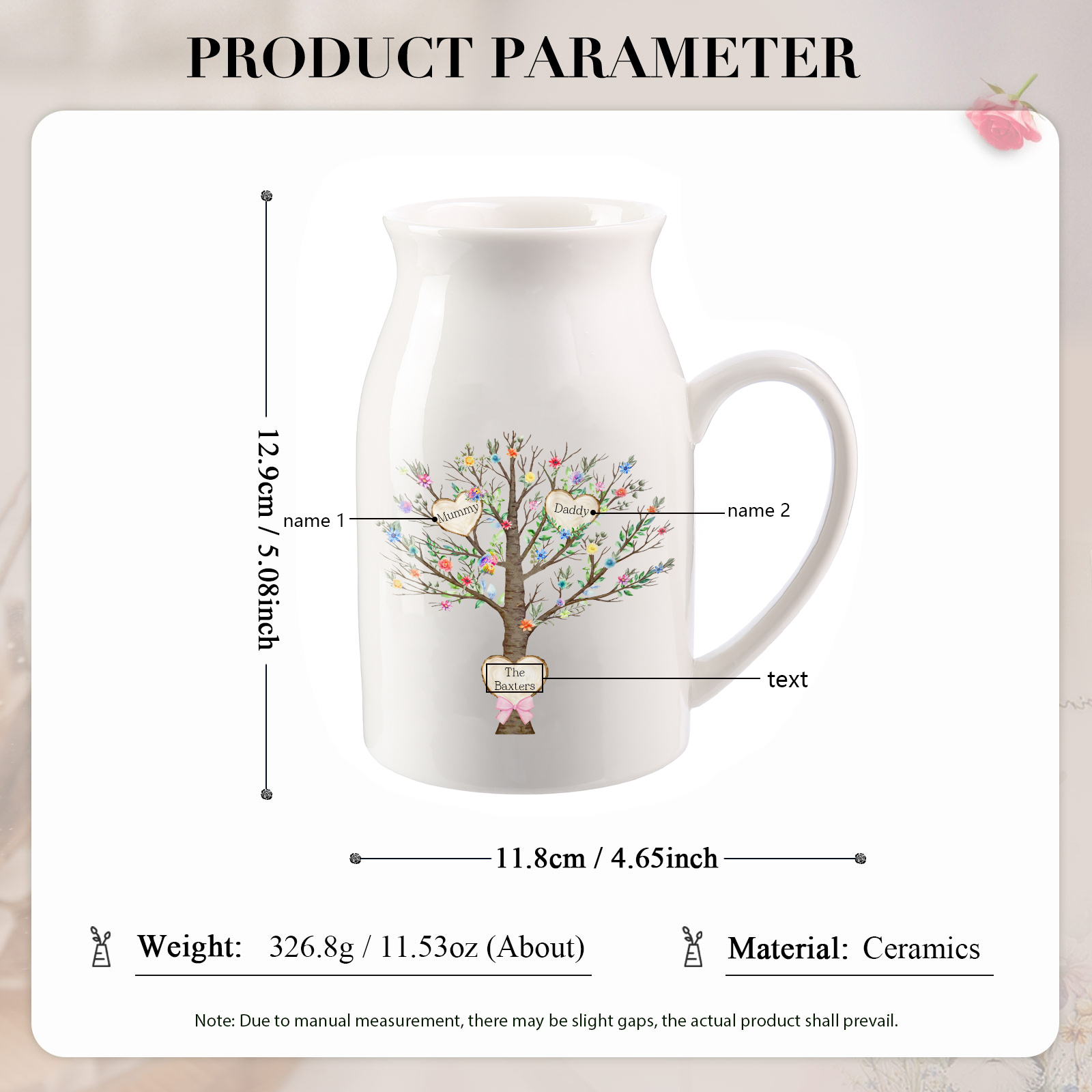 2 Names - Personalized Beautiful Family Tree Style Ceramic Vase with Customizable Names As a Special Gift For Mom/Dad