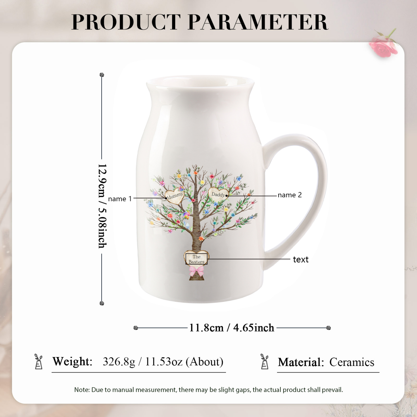 2 Names - Personalized Beautiful Family Tree Style Ceramic Vase with Customizable Names As a Special Gift For Mom/Dad