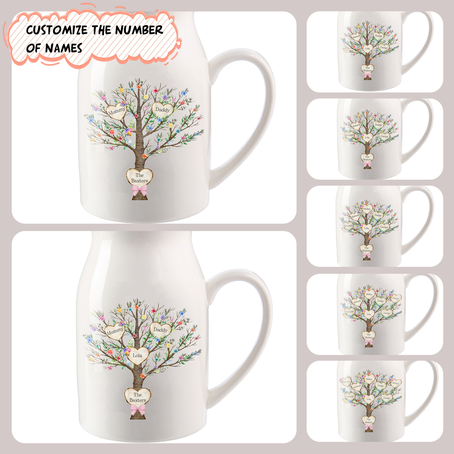 7 Names - Personalized Beautiful Family Tree Style Ceramic Vase with Customizable Names As a Special Gift For Mom/Dad