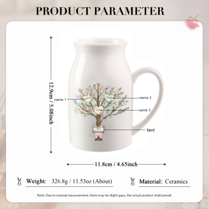 3 Names - Personalized Beautiful Family Tree Style Ceramic Vase with Customizable Names As a Special Gift For Family
