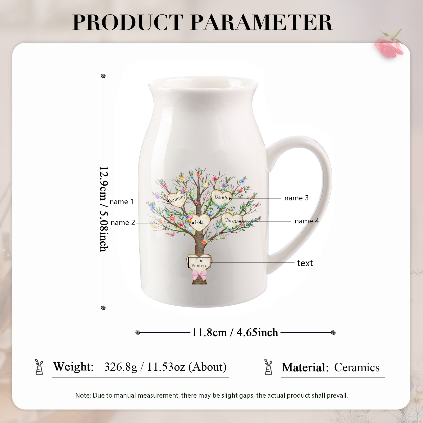 4 Names - Personalized Beautiful Family Tree Style Ceramic Vase with Customizable Names As a Special Gift For Mom/Dad