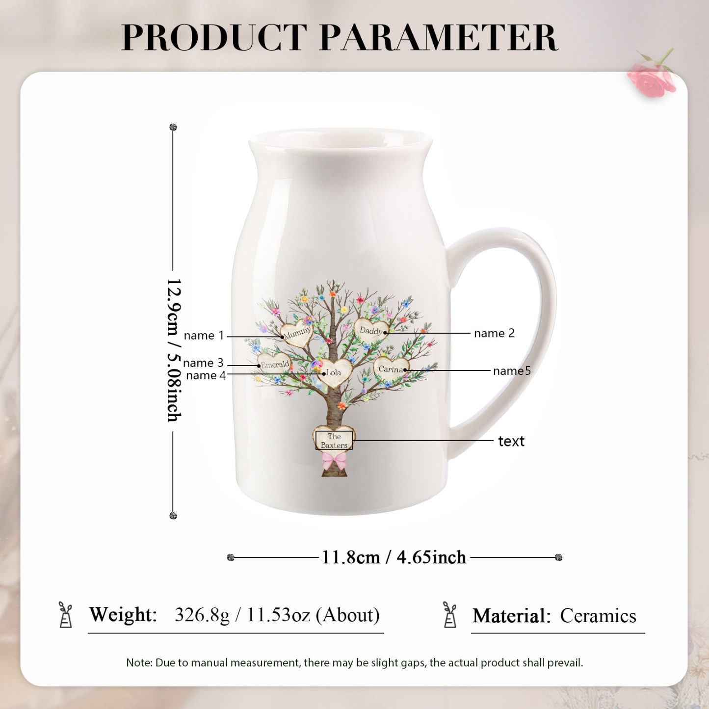 5 Names - Personalized Beautiful Family Tree Style Ceramic Vase with Customizable Names As a Special Gift For Mom/Dad