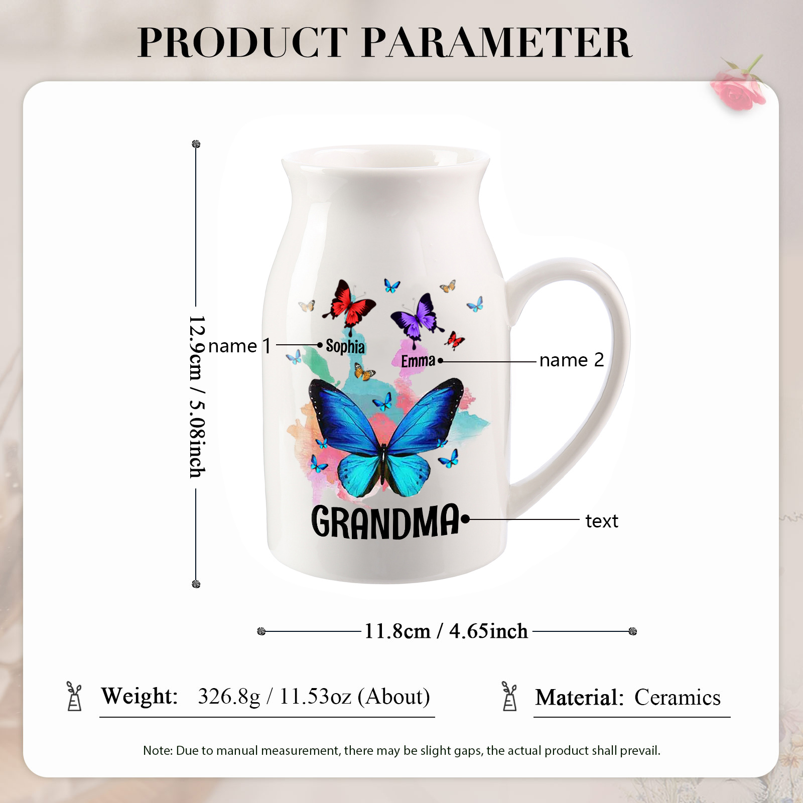 2 Names - Personalized Beautiful Colorful Butterfly Style Ceramic Vase with Customizable Names As a Wonderful Gift For Grandma