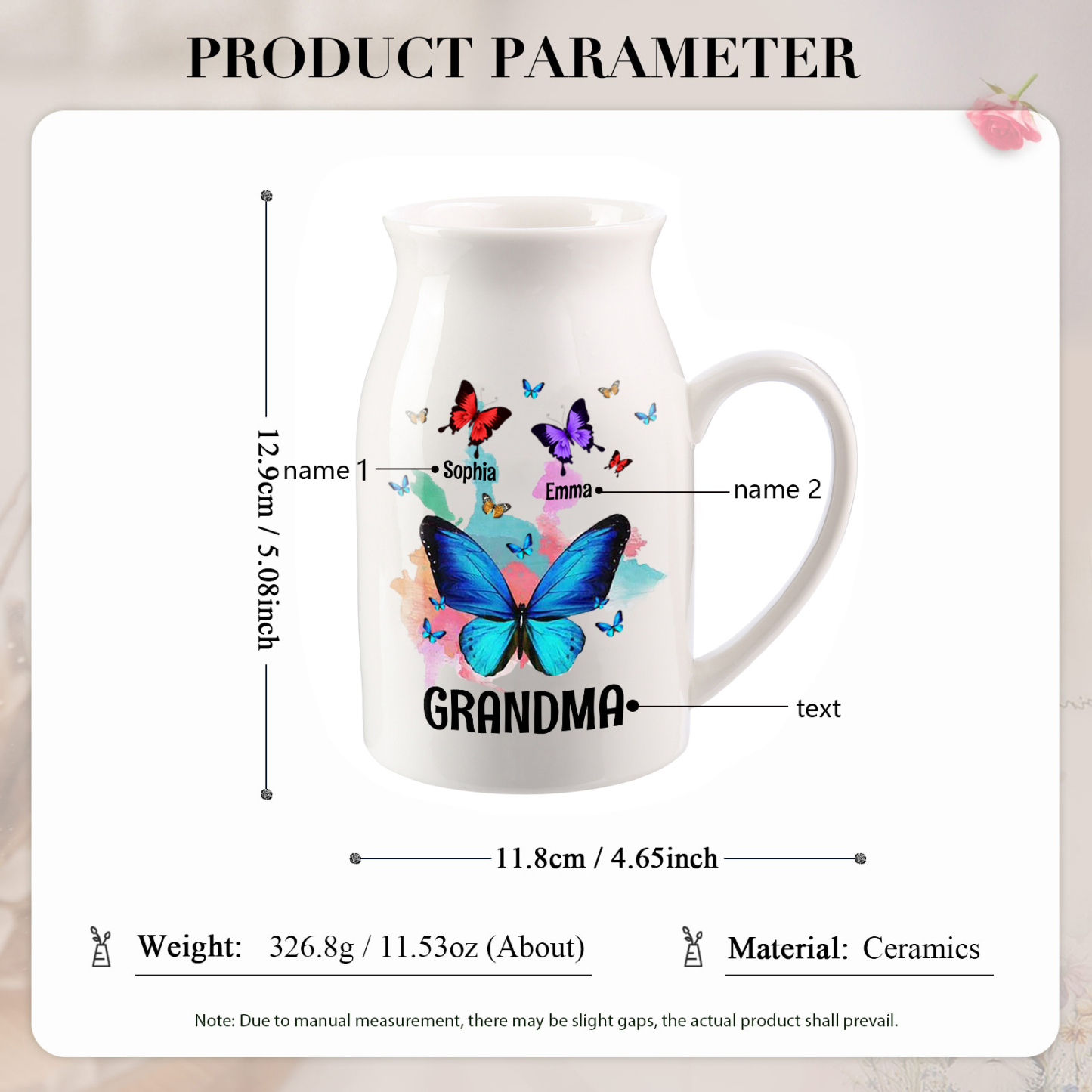 2 Names - Personalized Beautiful Colorful Butterfly Style Ceramic Vase with Customizable Names As a Wonderful Gift For Grandma