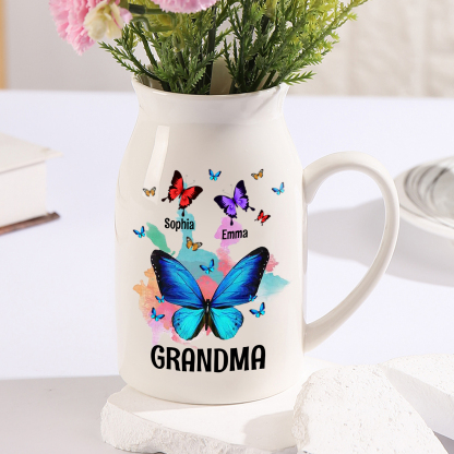2 Names - Personalized Beautiful Colorful Butterfly Style Ceramic Vase with Customizable Names As a Wonderful Gift For Grandma
