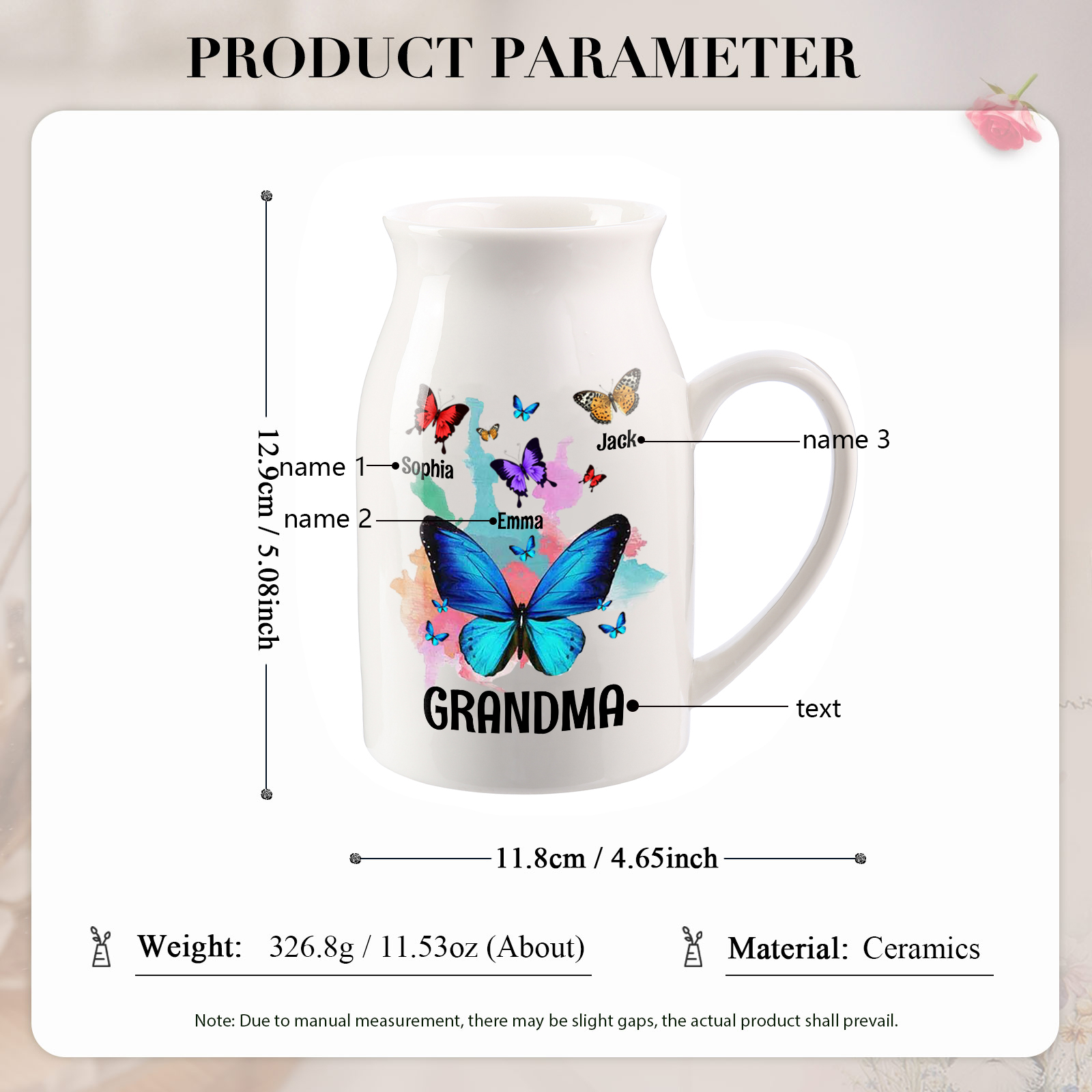 3 Names - Personalized Beautiful Colorful Butterfly Style Ceramic Vase with Customizable Names As a Wonderful Gift For Grandma