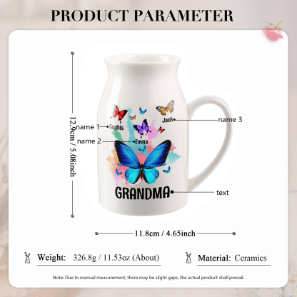 3 Names - Personalized Beautiful Colorful Butterfly Style Ceramic Vase with Customizable Names As a Wonderful Gift For Grandma