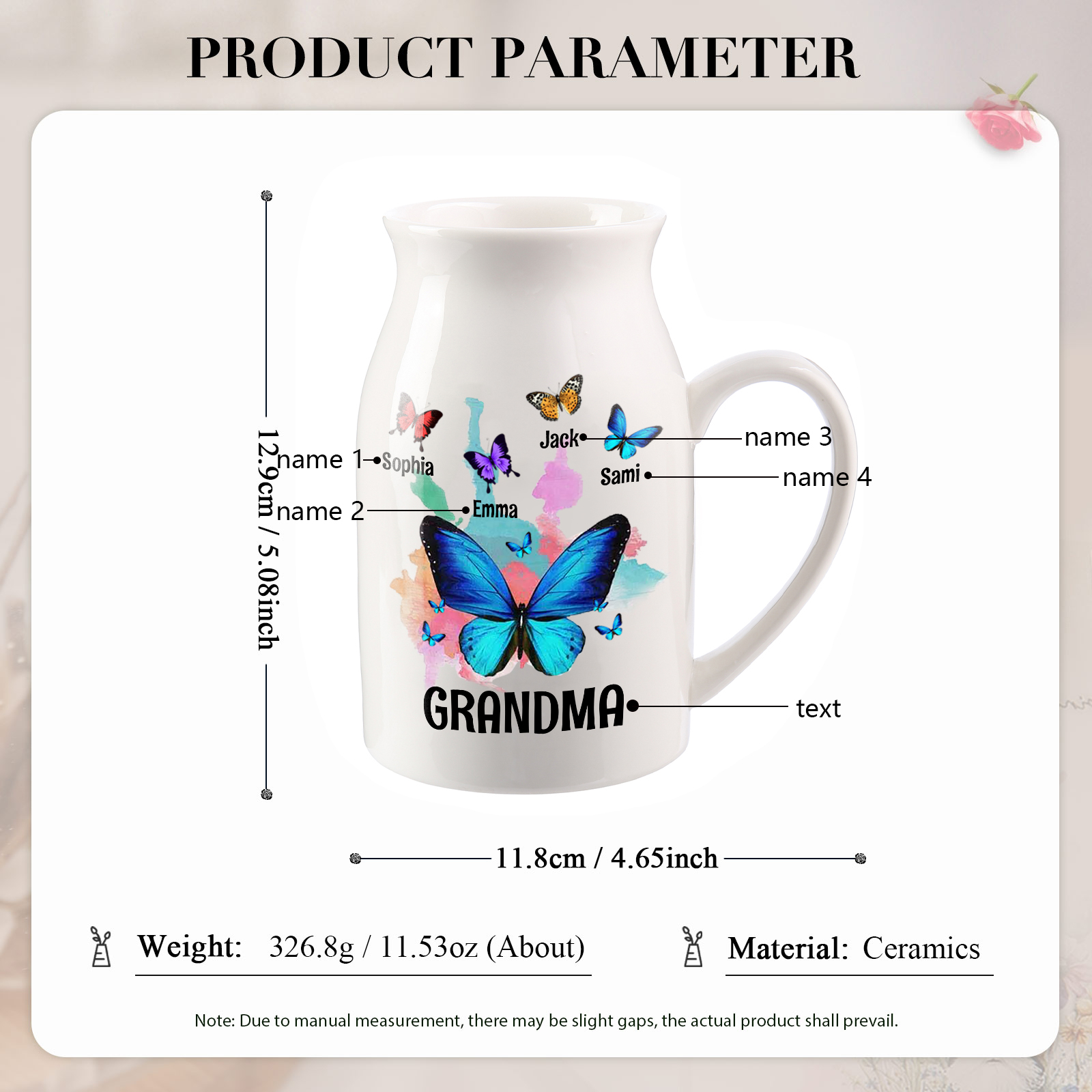 4 Names - Personalized Beautiful Colorful Butterfly Style Ceramic Vase with Customizable Names As a Wonderful Gift For Grandma