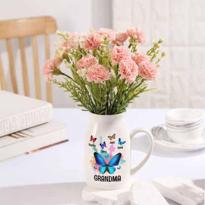 4 Names - Personalized Beautiful Colorful Butterfly Style Ceramic Vase with Customizable Names As a Wonderful Gift For Grandma