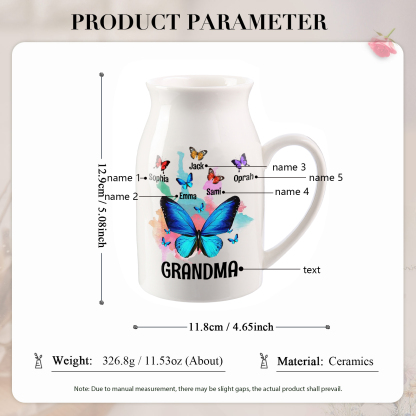 5 Names - Personalized Beautiful Colorful Butterfly Style Ceramic Vase with Customizable Names As a Wonderful Gift For Grandma