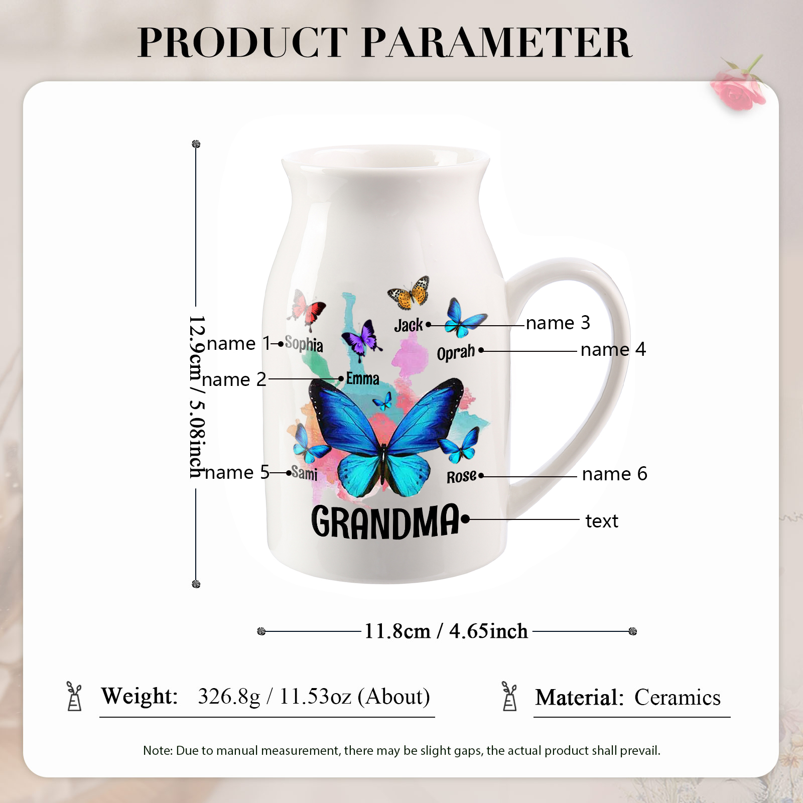 6 Names - Personalized Beautiful Colorful Butterfly Style Ceramic Vase with Customizable Names As a Wonderful Gift For Grandma