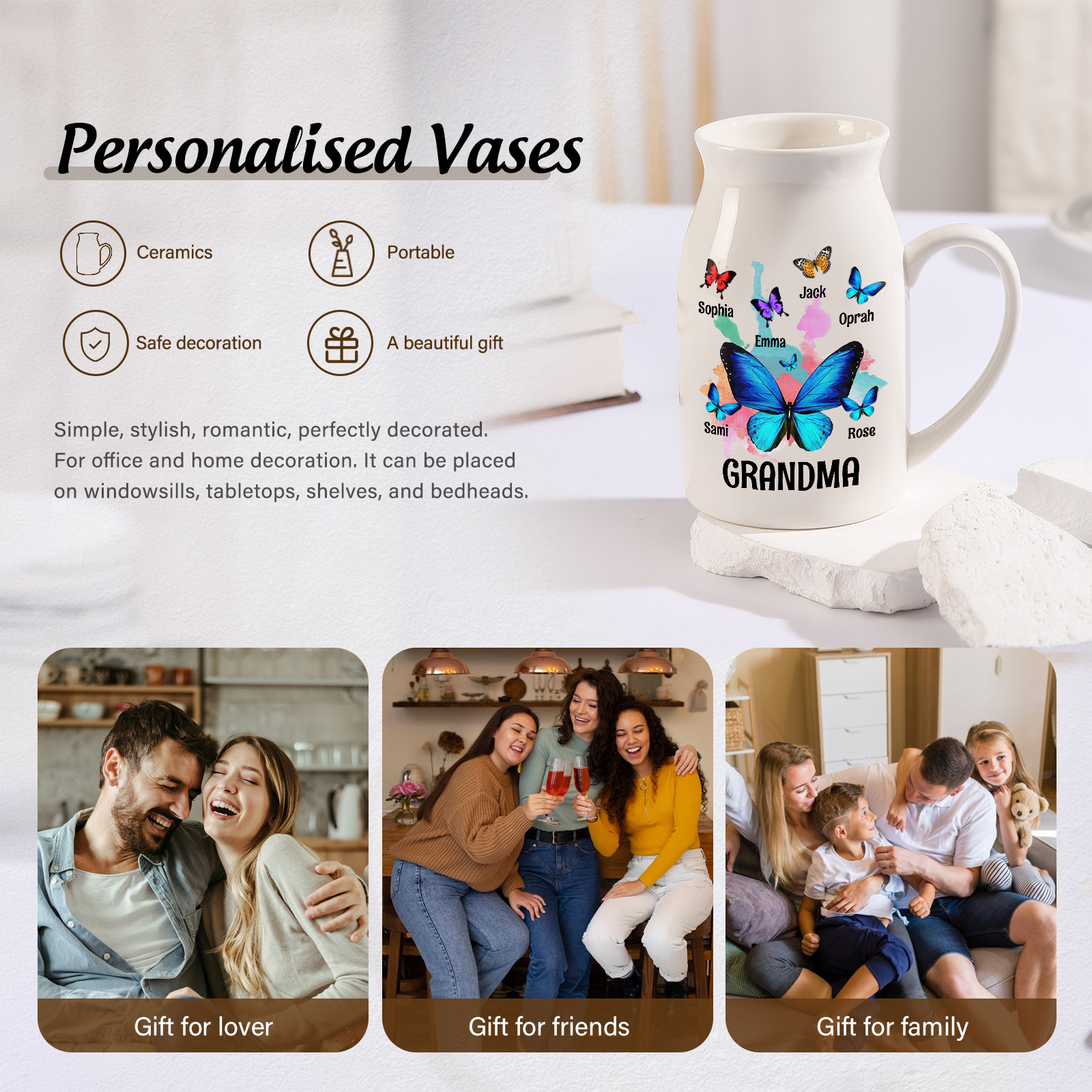 6 Names - Personalized Beautiful Colorful Butterfly Style Ceramic Vase with Customizable Names As a Wonderful Gift For Grandma