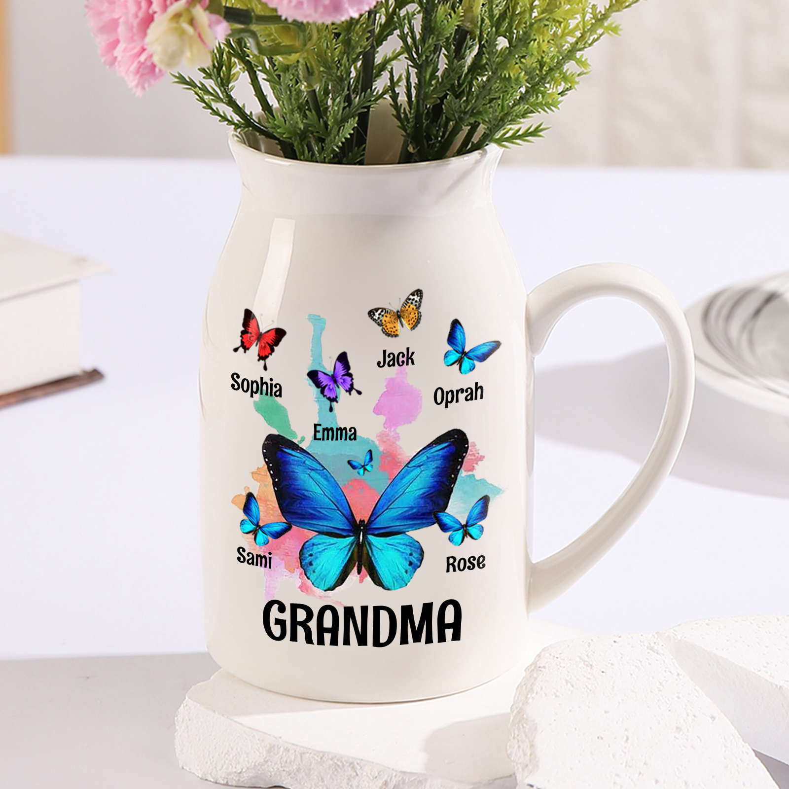 6 Names - Personalized Beautiful Colorful Butterfly Style Ceramic Vase with Customizable Names As a Wonderful Gift For Grandma