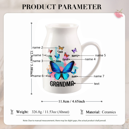 7 Names - Personalized Beautiful Colorful Butterfly Style Ceramic Vase with Customizable Names As a Wonderful Gift For Grandma