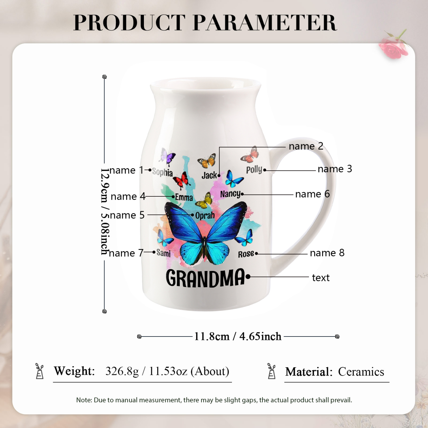 8 Names - Personalized Beautiful Colorful Butterfly Style Ceramic Vase with Customizable Names As a Wonderful Gift For Grandma