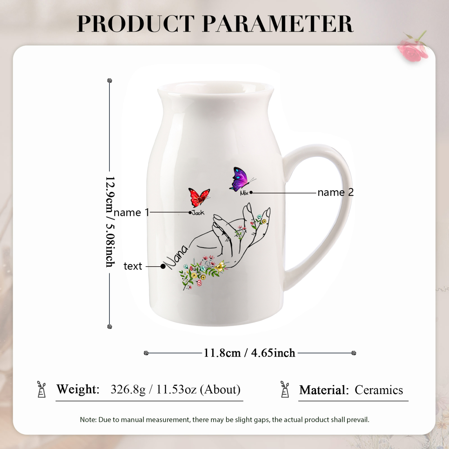 2 Names - Personalized Exquisite Flower Hand Butterfly Style Ceramic Cup With Customizable Names As a Special Gift For Mom