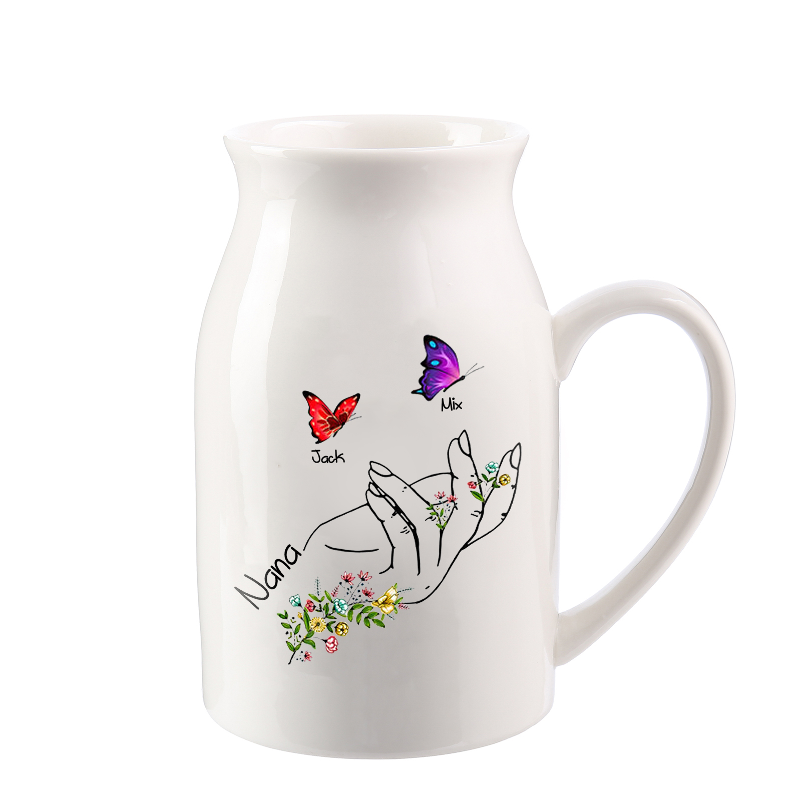 2 Names - Personalized Exquisite Flower Hand Butterfly Style Ceramic Cup With Customizable Names As a Special Gift For Mom
