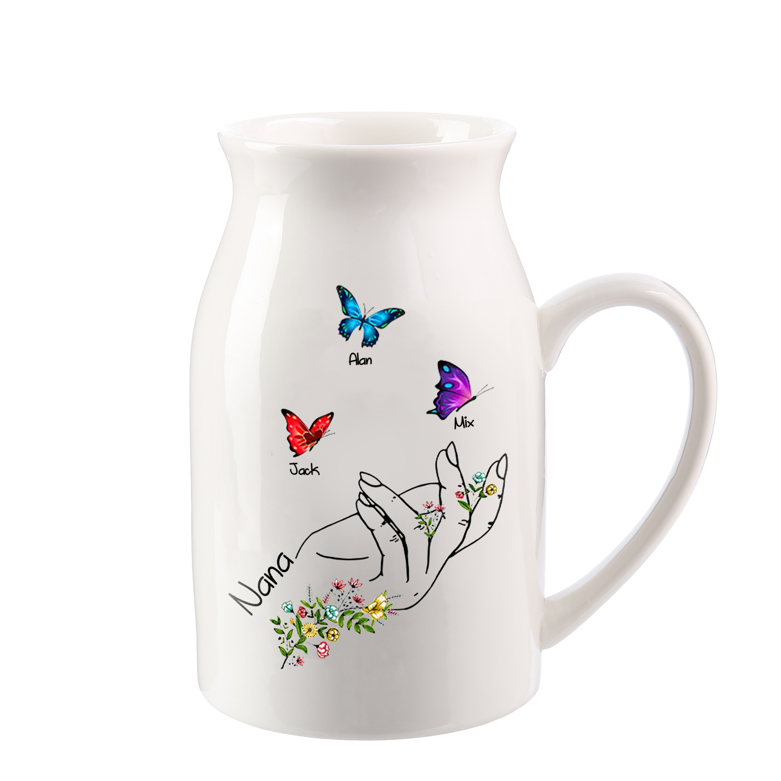 3 Names - Personalized Exquisite Flower Hand Butterfly Style Ceramic Cup With Customizable Names As a Special Gift For Mom