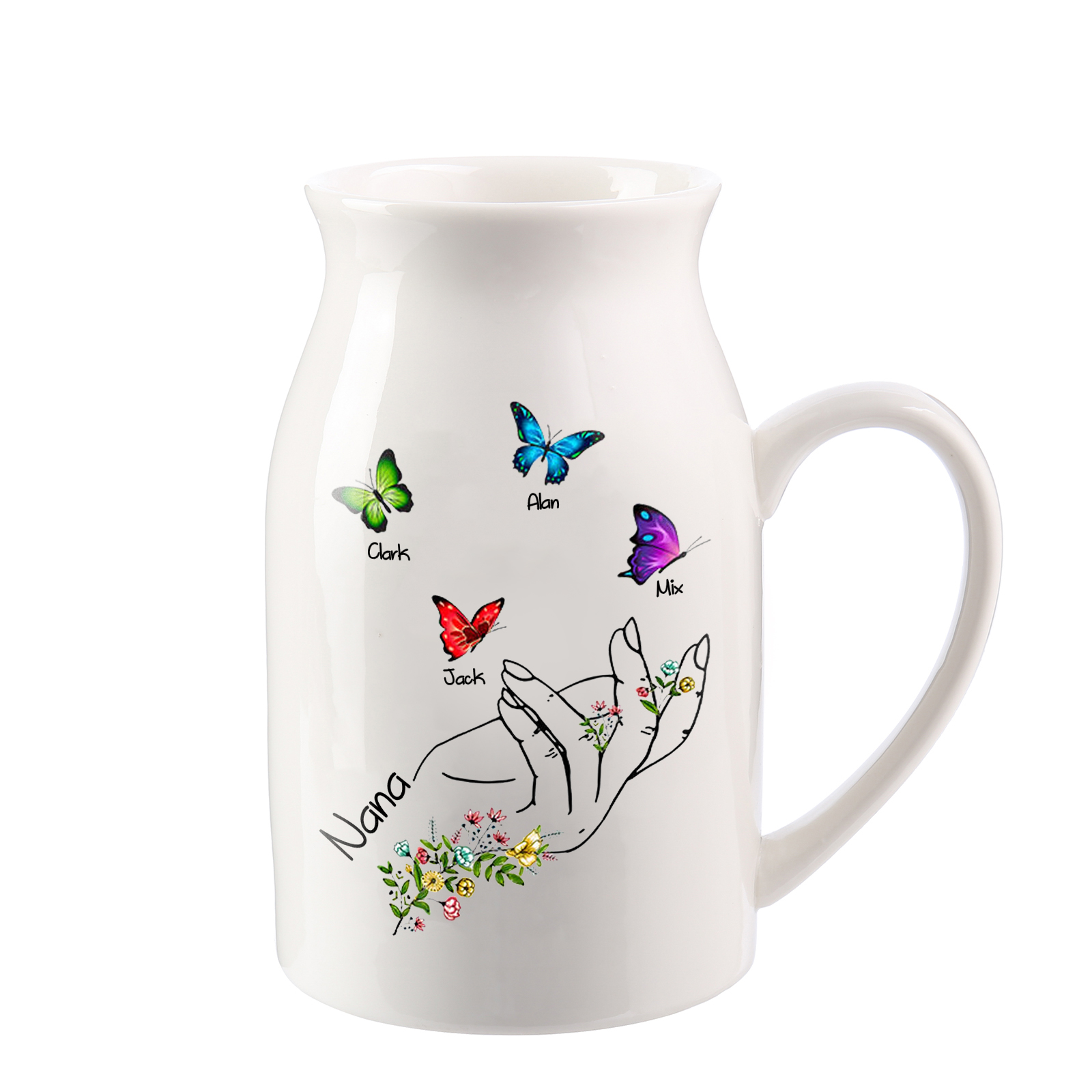 4 Names - Personalized Exquisite Flower Hand Butterfly Style Ceramic Cup With Customizable Names As a Special Gift For Nana/Mom