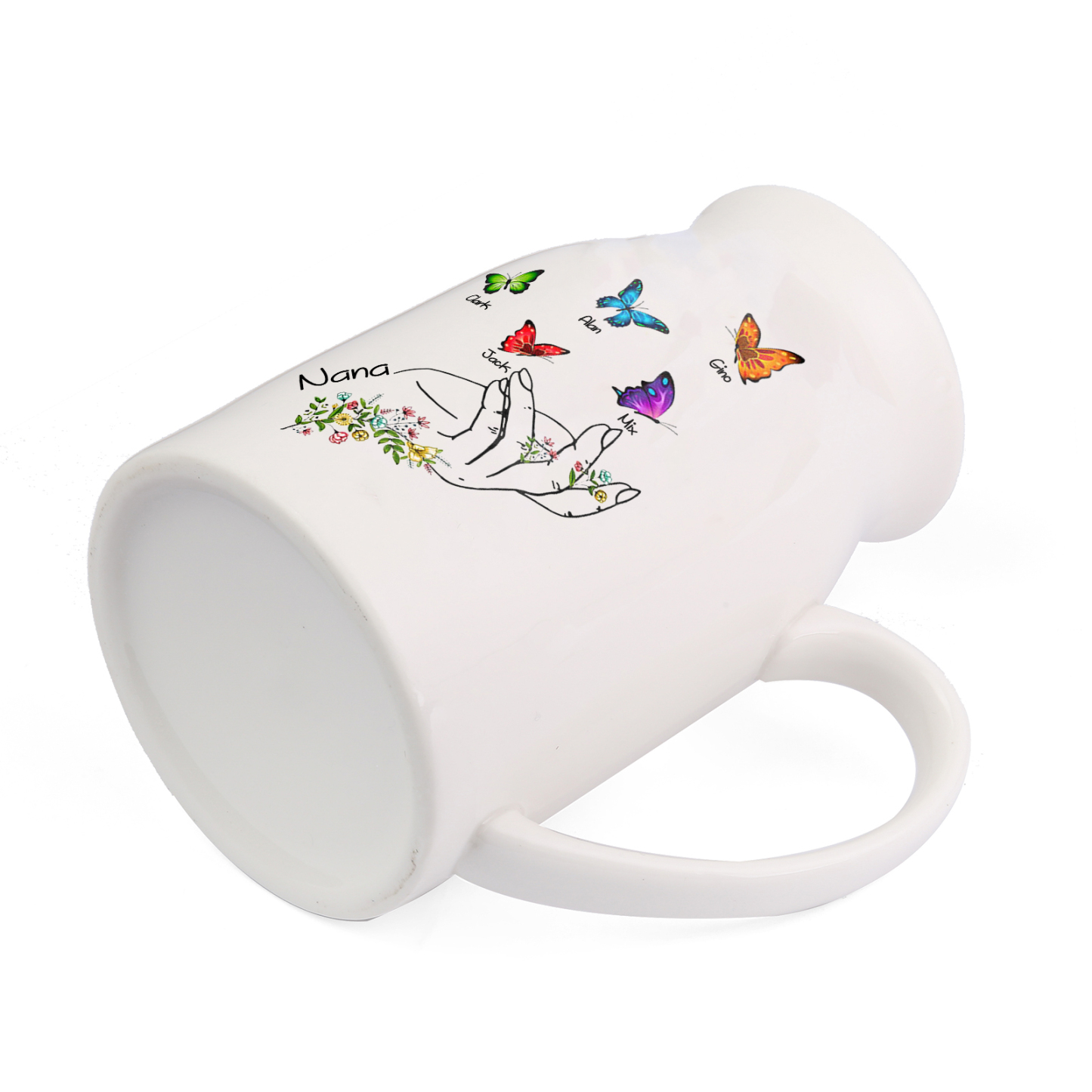 5 Names - Personalized Exquisite Flower Hand Butterfly Style Ceramic Cup With Customizable Names As a Special Gift For Nana/Mom