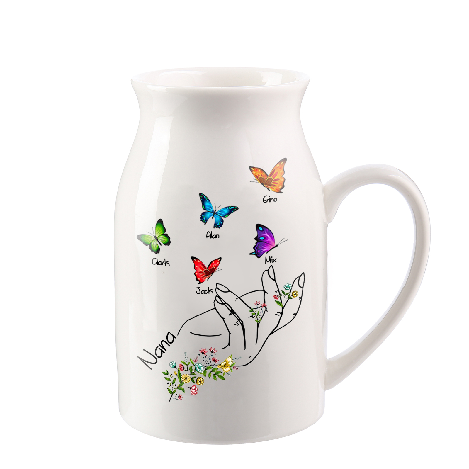 5 Names - Personalized Exquisite Flower Hand Butterfly Style Ceramic Cup With Customizable Names As a Special Gift For Nana/Mom