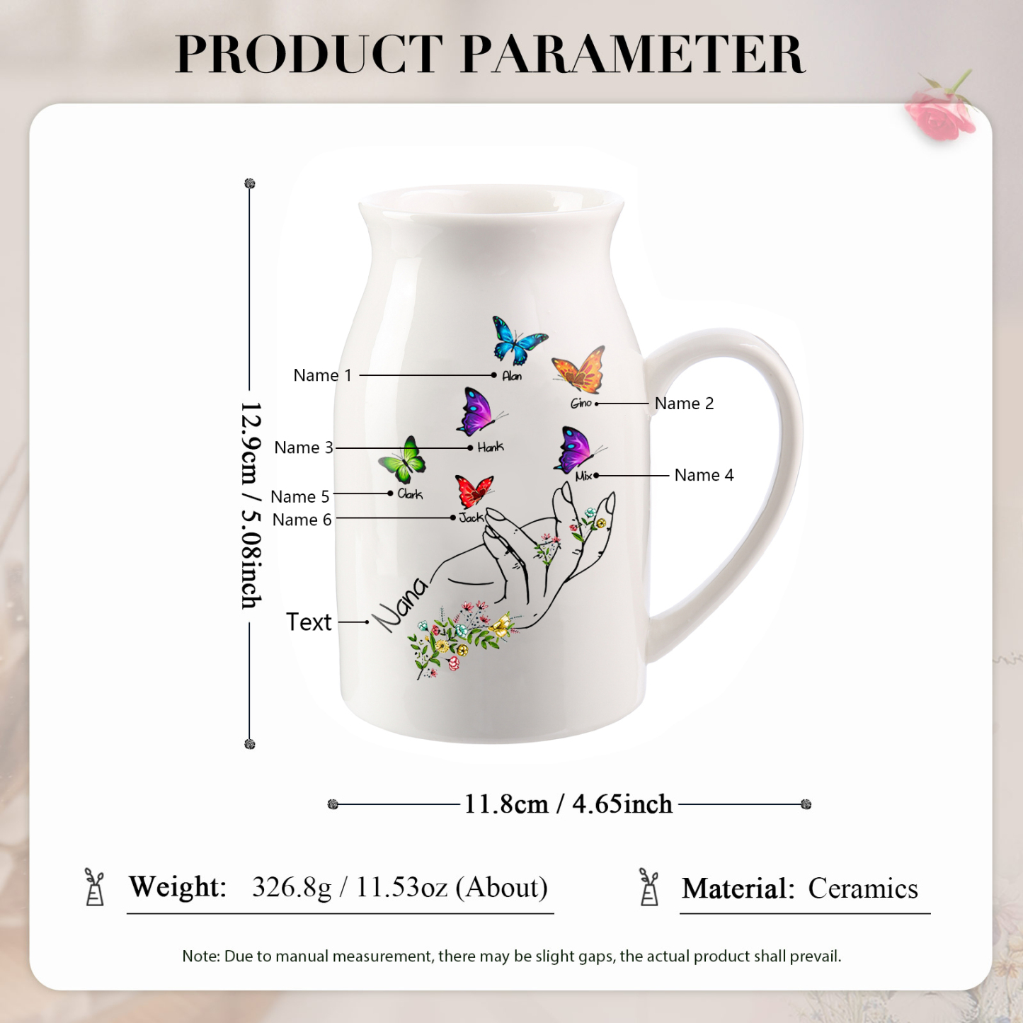 6 Names - Personalized Exquisite Flower Hand Butterfly Style Ceramic Cup With Customizable Names As a Special Gift For Nana/Mom