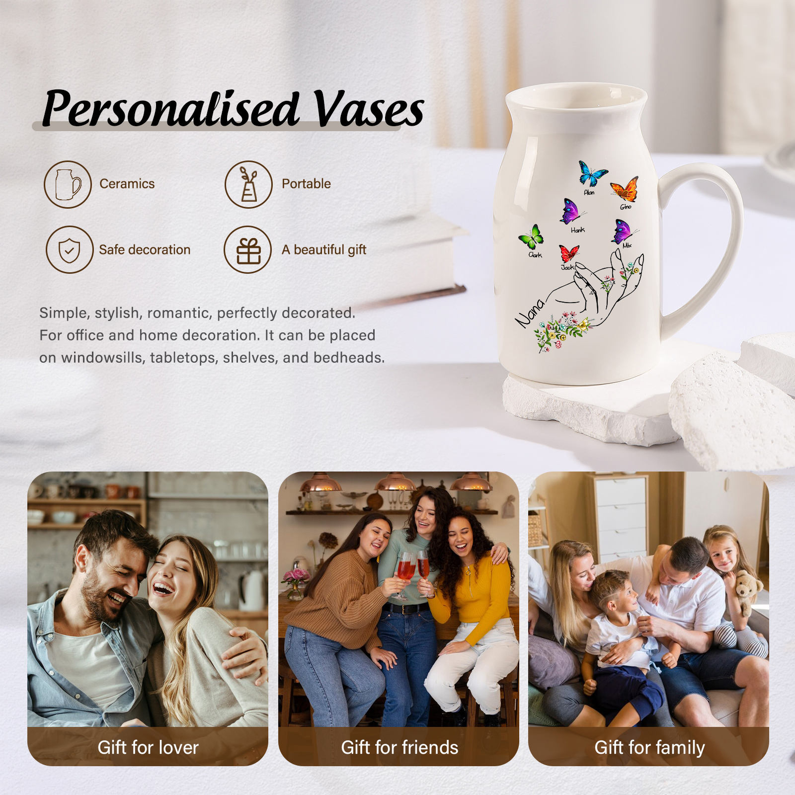 6 Names - Personalized Exquisite Flower Hand Butterfly Style Ceramic Cup With Customizable Names As a Special Gift For Nana/Mom