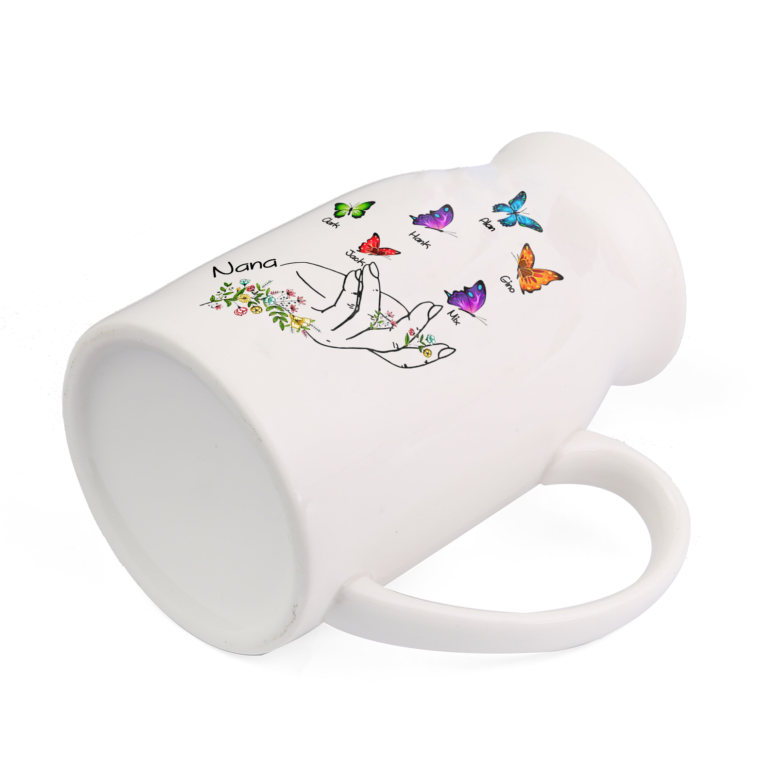 6 Names - Personalized Exquisite Flower Hand Butterfly Style Ceramic Cup With Customizable Names As a Special Gift For Nana/Mom