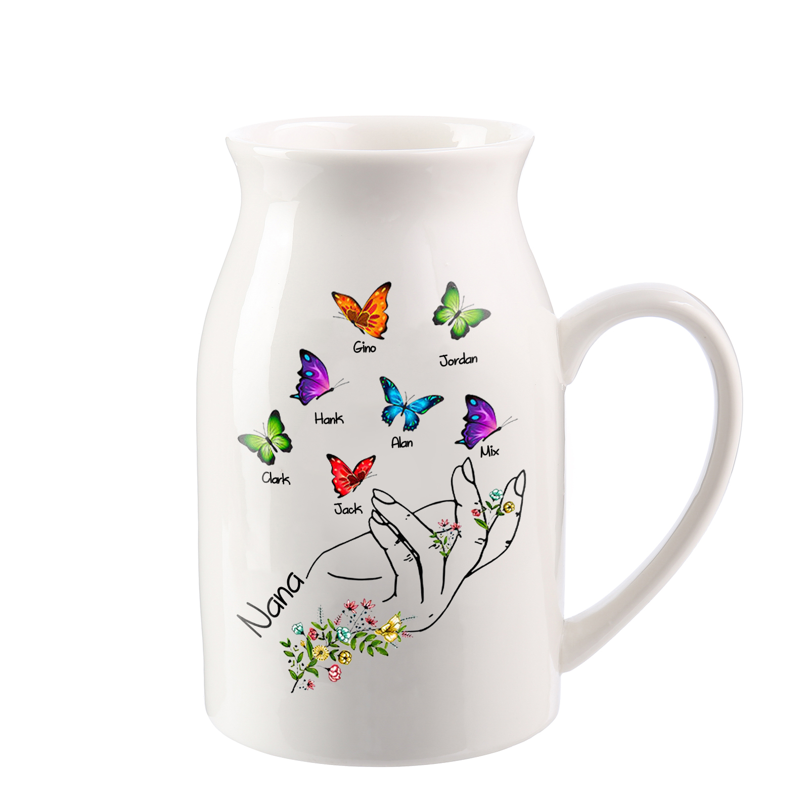 7 Names - Personalized Exquisite Flower Hand Butterfly Style Ceramic Cup With Customizable Names As a Special Gift For Nana/Mom
