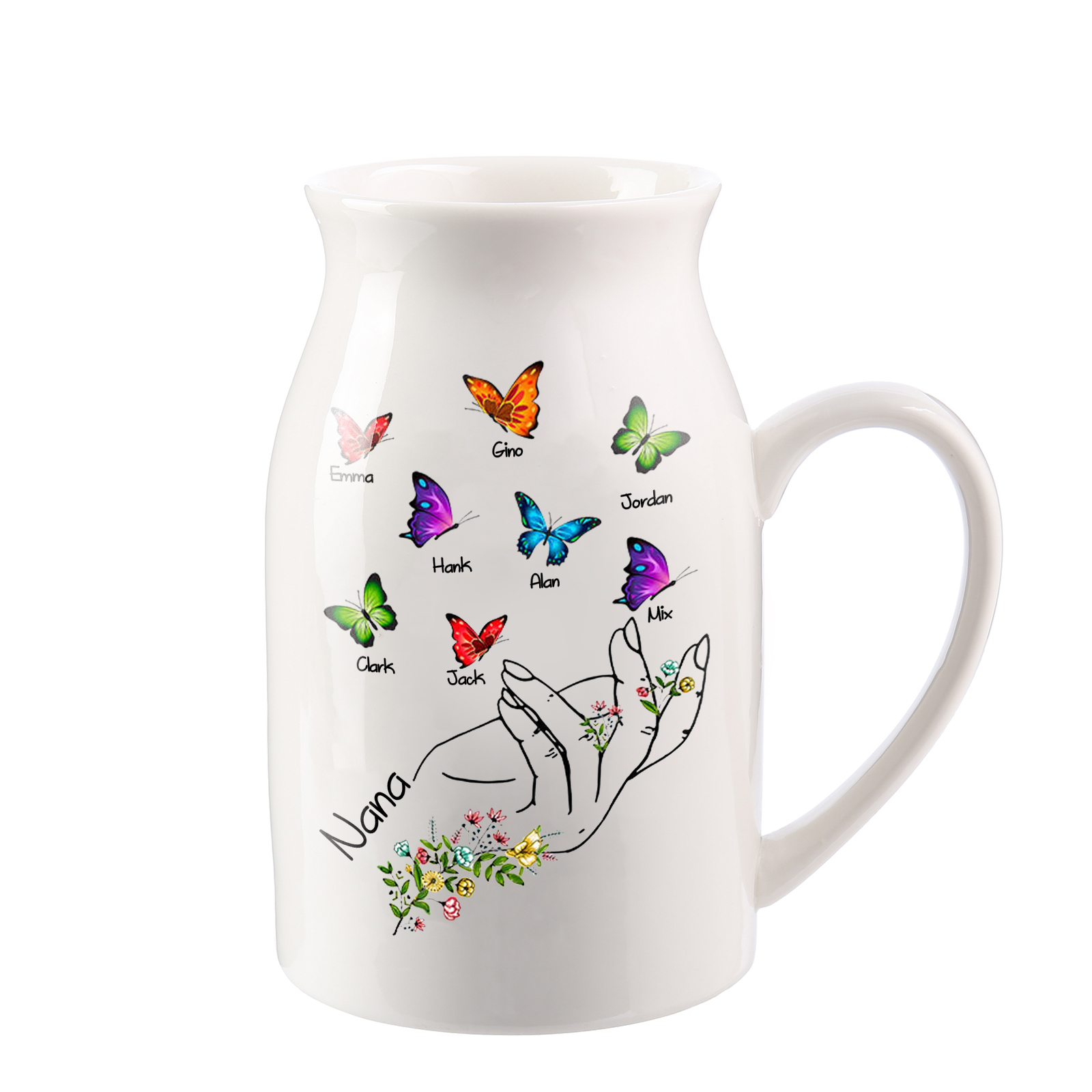 8 Names - Personalized Exquisite Flower Hand Butterfly Style Ceramic Cup With Customizable Names As a Special Gift For Nana/Mom
