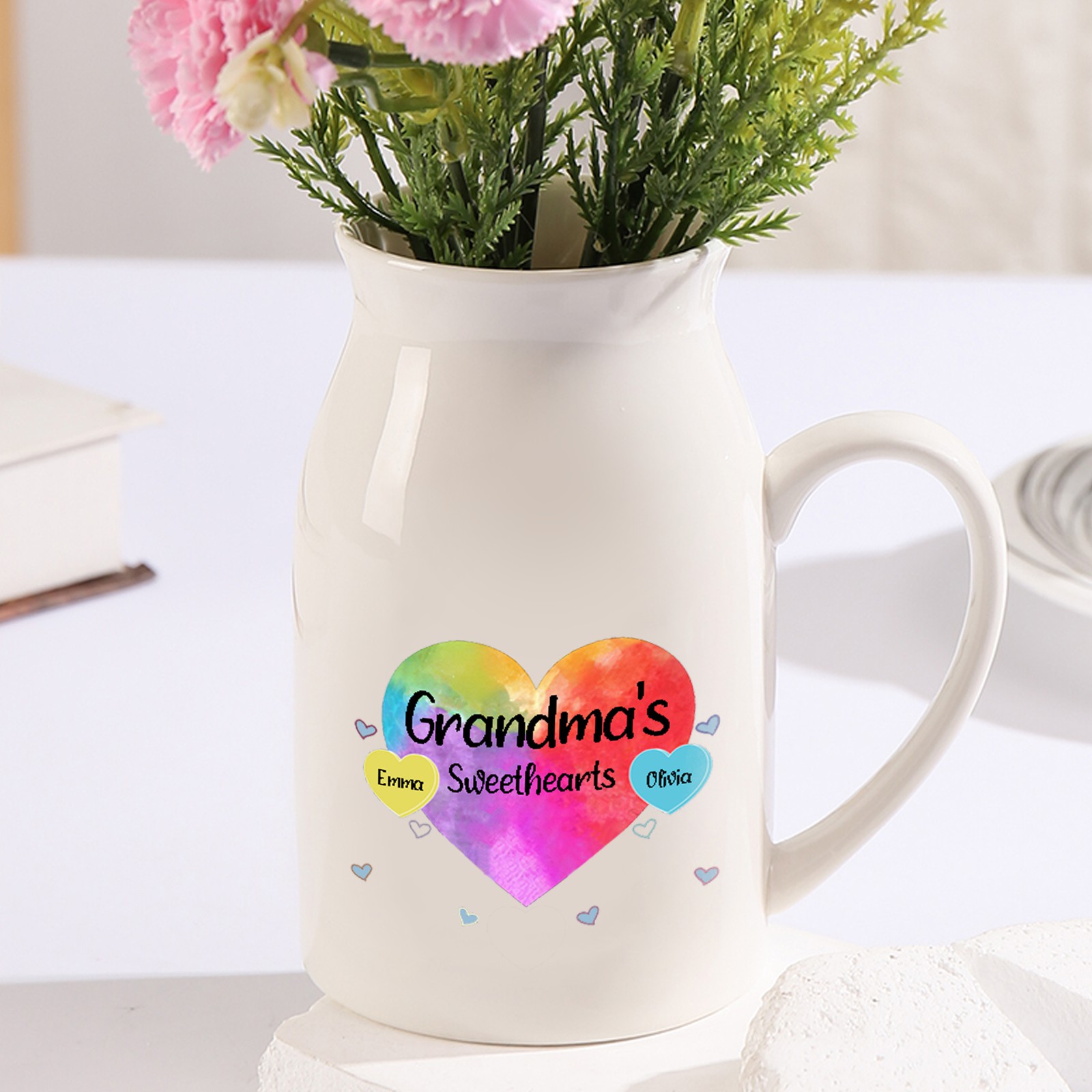 2 Names - Personalized Customizable Name Colorful Love Heart Style Ceramic Vase as a Gift for Grandma