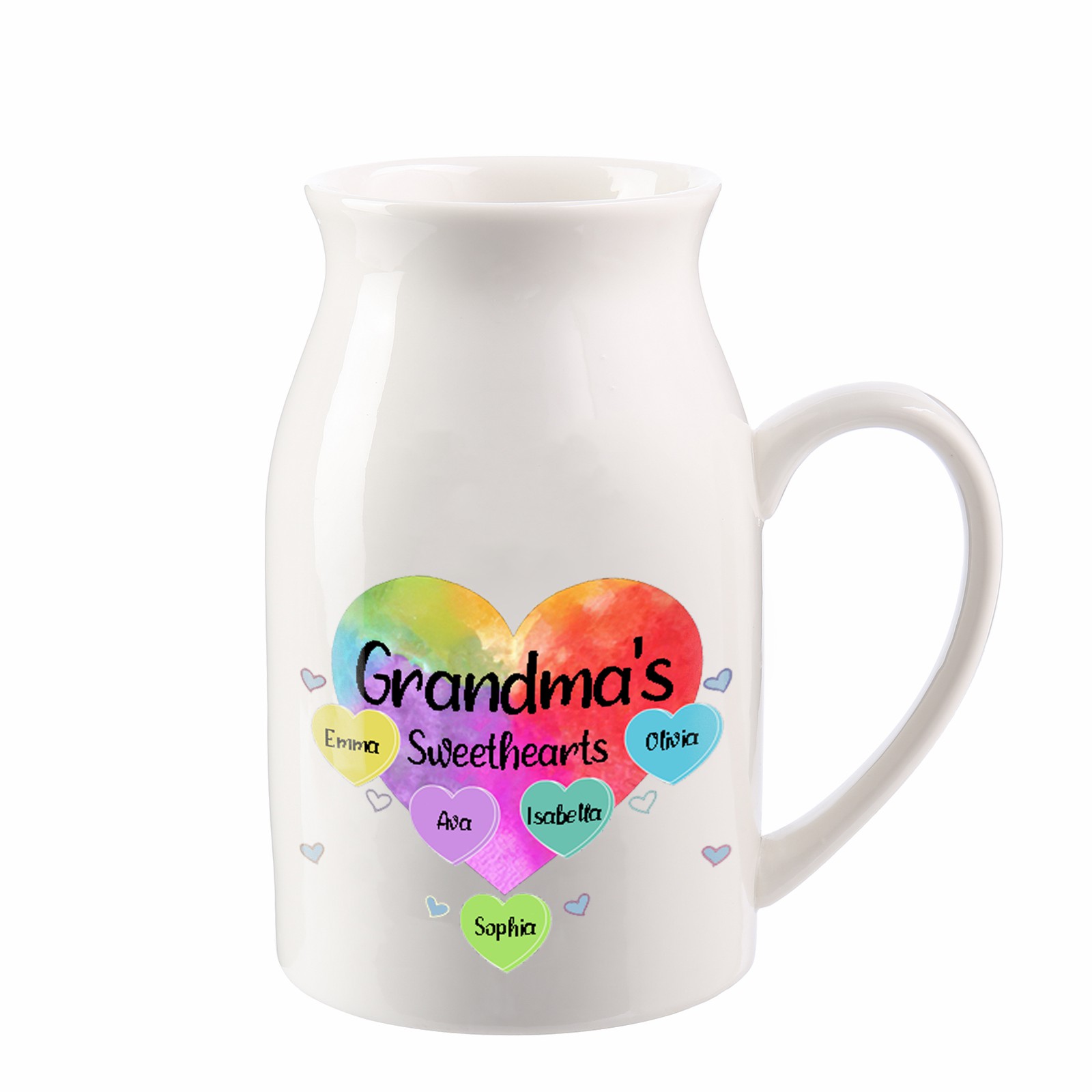 5 Names - Personalized Customizable Name Colorful Love Heart Style Ceramic Vase as a Gift for Grandma